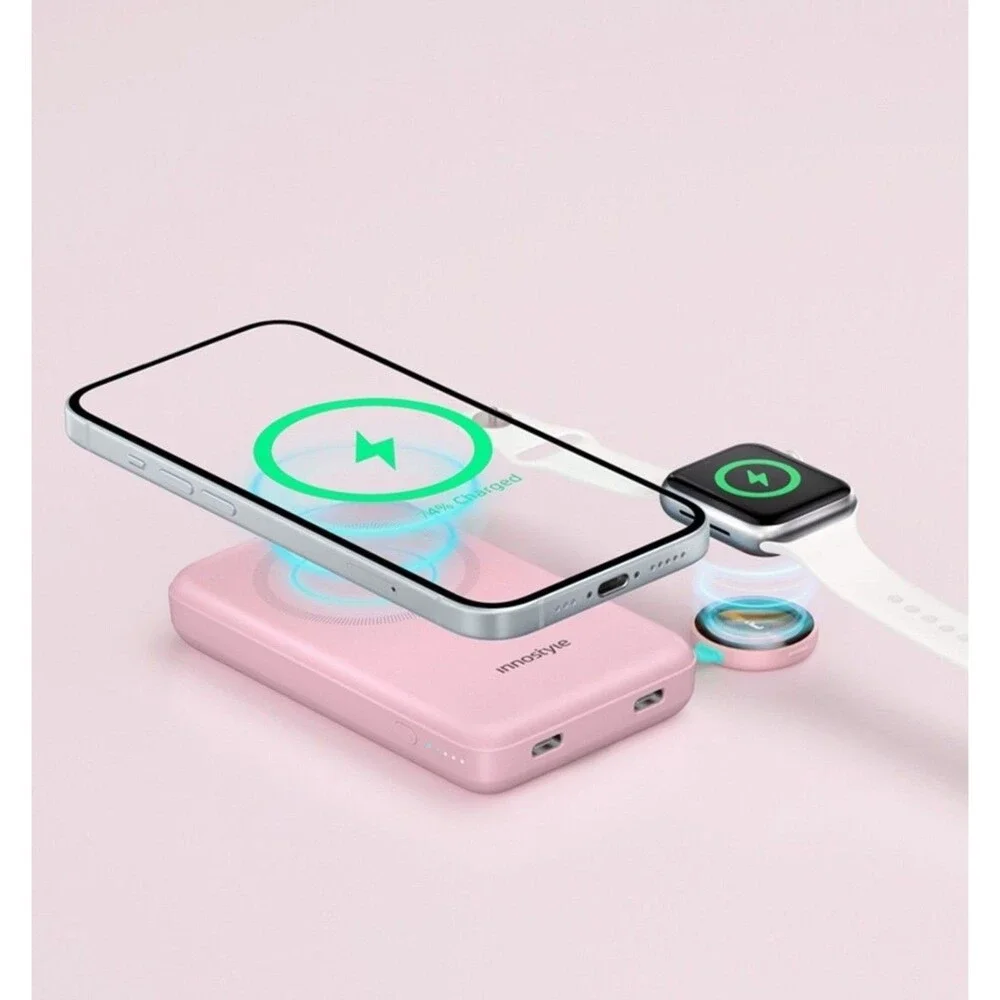 Innostyle Magnetic Wireless iPhone and iWatch Charger 2 in 1, 10000mAh - Pink